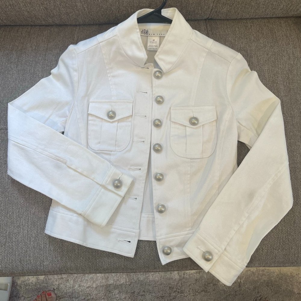 ABR New York White Jean Like Jacket Silver Buttons Size Petite 2